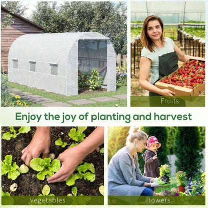 Outsunny 15xx Walk - In Tunnel Greenhouse, Large Garden Hot House Kit with 6 Roll - up Roll Up Door, Steel Frame, White