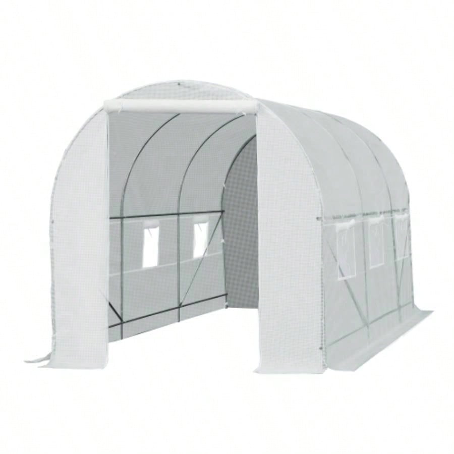 Outsunny 15xx Walk - In Tunnel Greenhouse, Large Garden Hot House Kit with 6 Roll - up Roll Up Door, Steel Frame, White