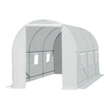 Outsunny 15xx Walk - In Tunnel Greenhouse, Large Garden Hot House Kit with 6 Roll - up Roll Up Door, Steel Frame, White