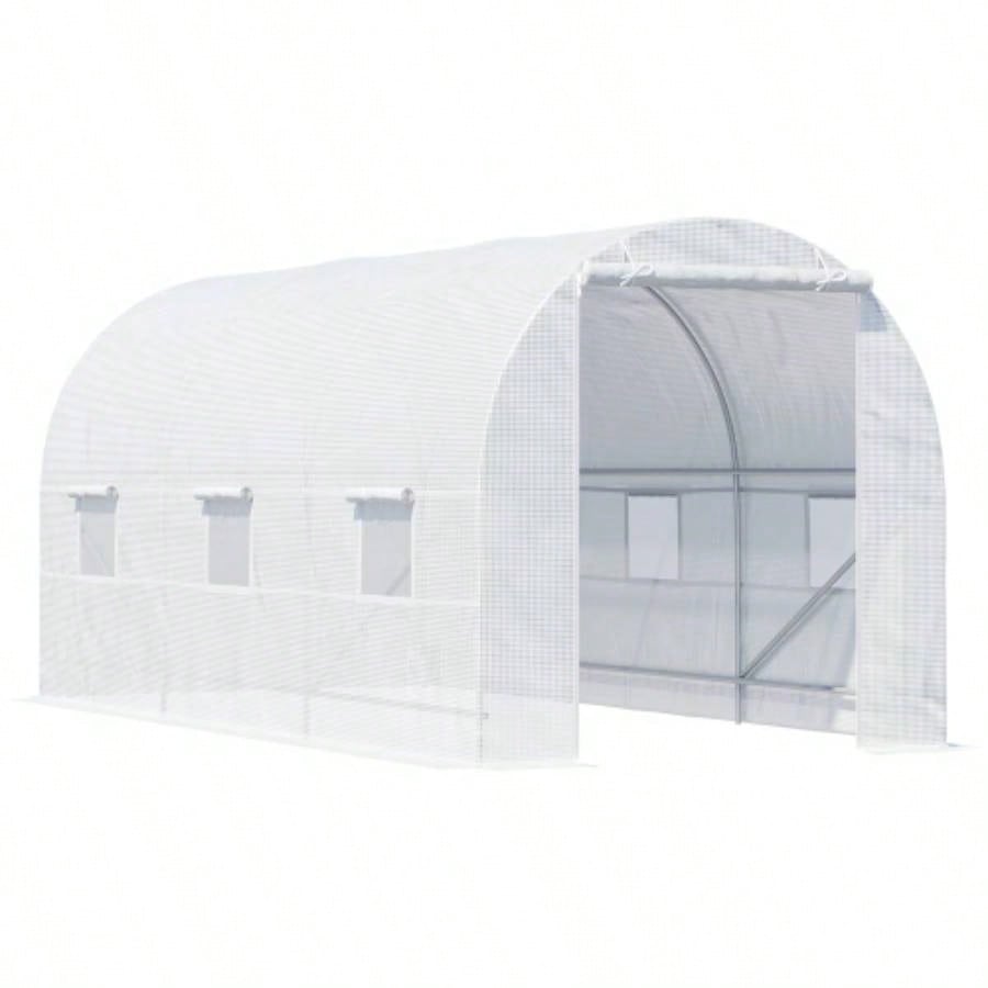 Outsunny 15xx Walk - In Tunnel Greenhouse, Large Garden Hot House Kit with 6 Roll - up Roll Up Door, Steel Frame, White