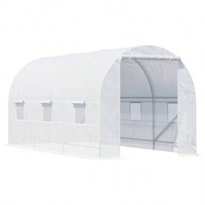 Outsunny 15xx Walk - In Tunnel Greenhouse, Large Garden Hot House Kit with 6 Roll - up Roll Up Door, Steel Frame, White
