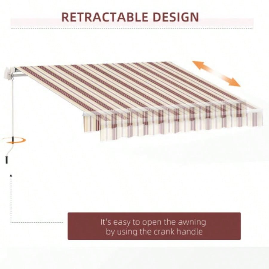 Outsunny 13x 8 Retractable Awning, Patio Awnings, Sunshade Shelter/ Manual Crank Handle, - Resistant Fabric and Aluminum Frame Deck, Balcony, Yard, Red Stripes