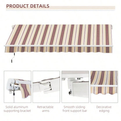 Outsunny 13x 8 Retractable Awning, Patio Awnings, Sunshade Shelter/ Manual Crank Handle, - Resistant Fabric and Aluminum Frame Deck, Balcony, Yard, Red Stripes