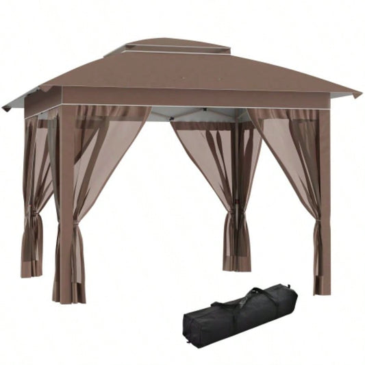 Outsunny 12x 12 Up Canopy Tent with Netting and Carry Bag, Instant Shelter with 137 sq. ft Shade, Tents Parties, Height Adjustable, Outdoor, Garden, Patio, Khaki