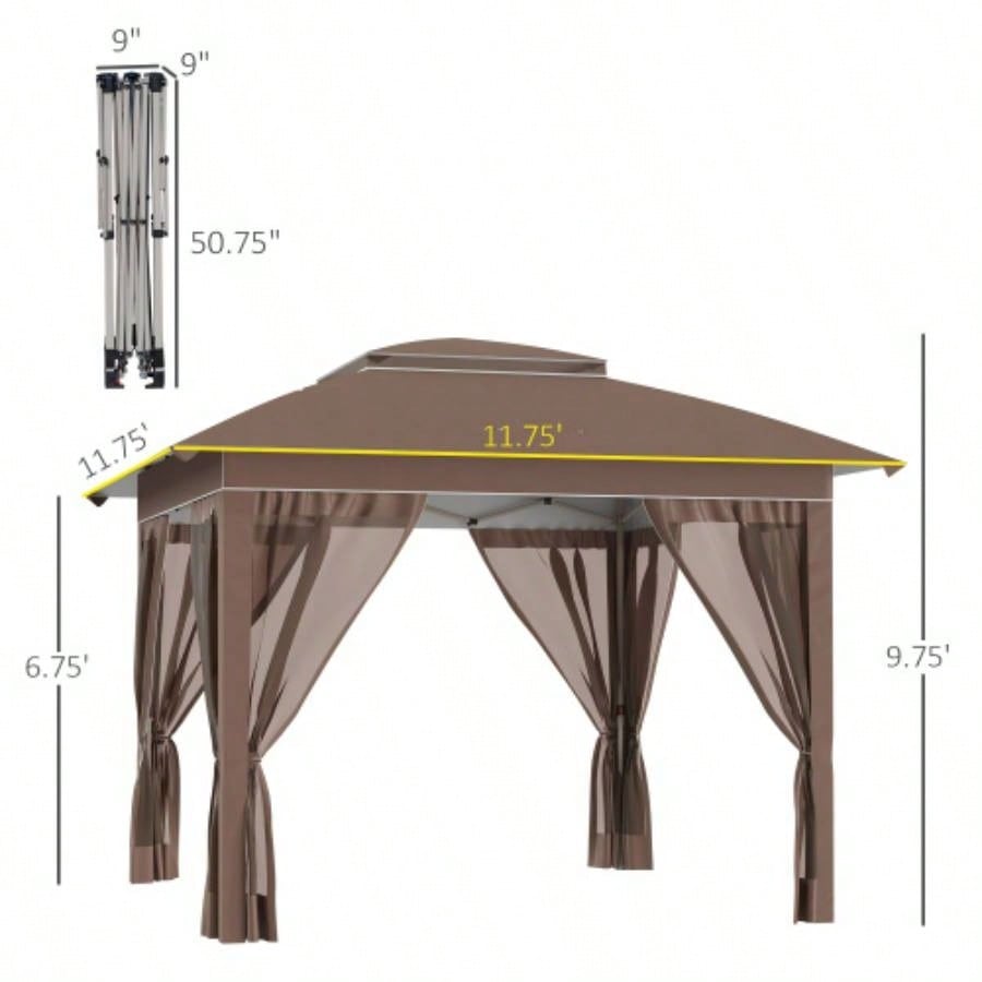 Outsunny 12x 12 Up Canopy Tent with Netting and Carry Bag, Instant Shelter with 137 sq. ft Shade, Tents Parties, Height Adjustable, Outdoor, Garden, Patio, Khaki