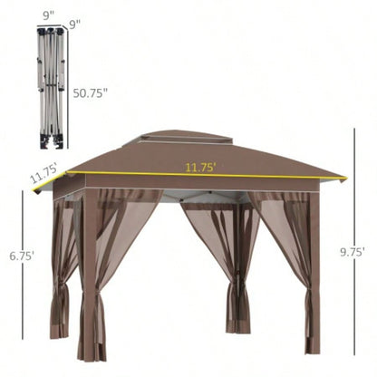 Outsunny 12x 12 Up Canopy Tent with Netting and Carry Bag, Instant Shelter with 137 sq. ft Shade, Tents Parties, Height Adjustable, Outdoor, Garden, Patio, Khaki