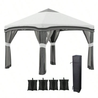 Outsunny 10x 10 Up Canopy Tent with Netting, Instant Tents Parties, Height Adjustable, with Wheeled Carry Bag and 4 Sand Bags Outdoor, Garden, Patio, Gray