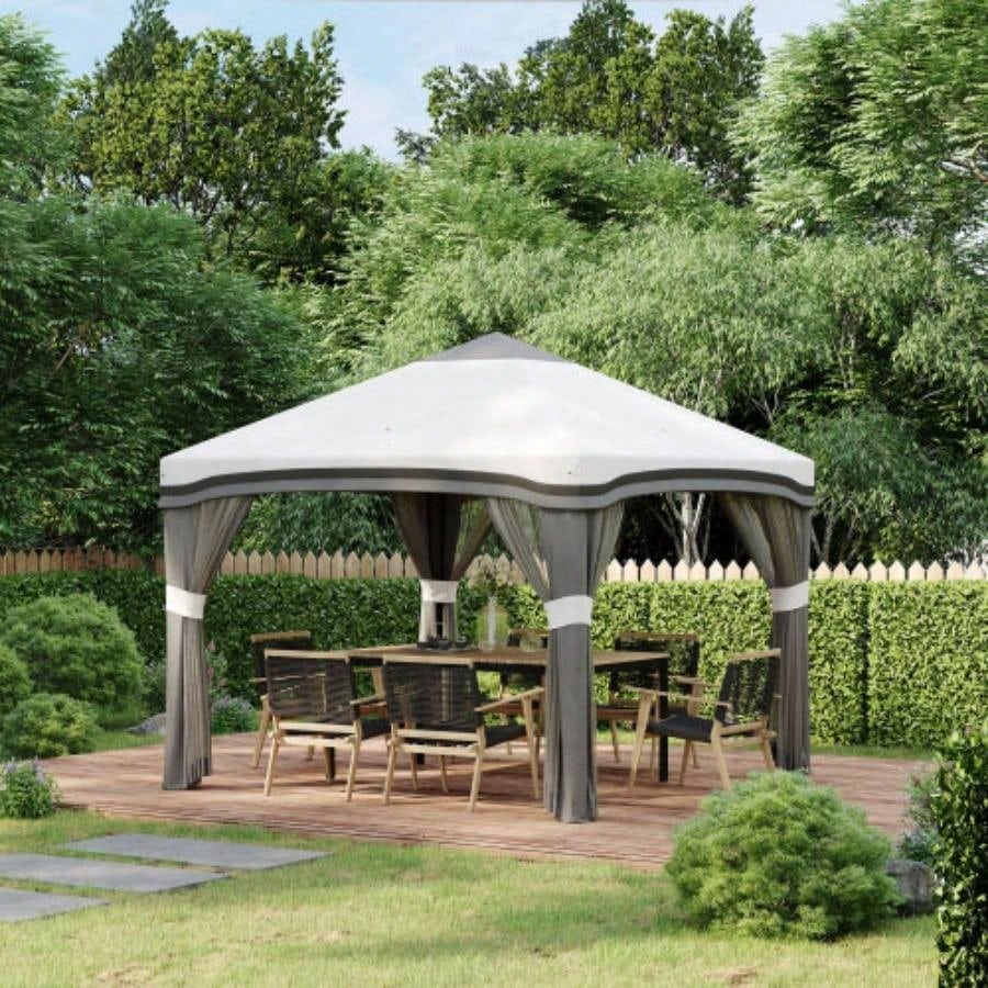 Outsunny 10x 10 Up Canopy Tent with Netting, Instant Tents Parties, Height Adjustable, with Wheeled Carry Bag and 4 Sand Bags Outdoor, Garden, Patio, Gray