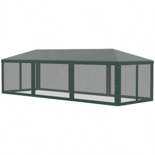 Outsunny 10x 28 Party Tent Canopy, Outdoor Event Shelter Gazebo with 8 Removable Mesh Sidewalls, Zipper Doors, Steel Frame, Green