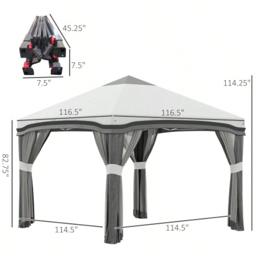 Outsunny 10x 10 Up Canopy Tent with Netting, Instant Tents Parties, Height Adjustable, with Wheeled Carry Bag and 4 Sand Bags Outdoor, Garden, Patio, Gray