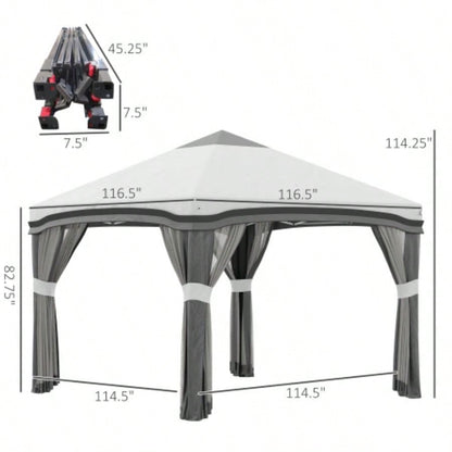 Outsunny 10x 10 Up Canopy Tent with Netting, Instant Tents Parties, Height Adjustable, with Wheeled Carry Bag and 4 Sand Bags Outdoor, Garden, Patio, Gray