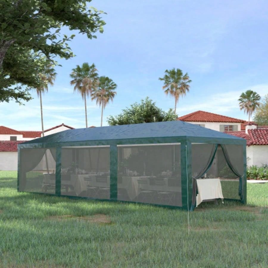 Outsunny 10x 28 Party Tent Canopy, Outdoor Event Shelter Gazebo with 8 Removable Mesh Sidewalls, Zipper Doors, Steel Frame, Green