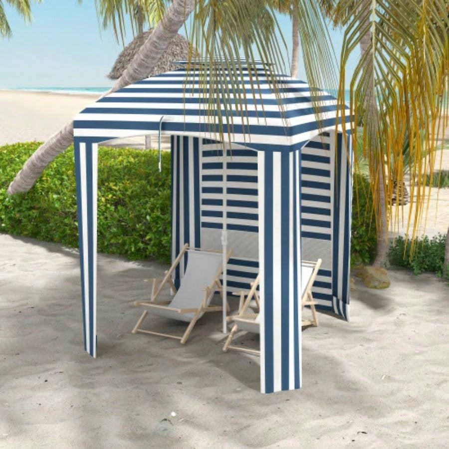 Outsunny 5.8x 5.8 Portable Beach with Double - Top, Ruffled Outdoor Cabana with Walls, Vents, Sandbags, Carry Bag, Blue White Stripe