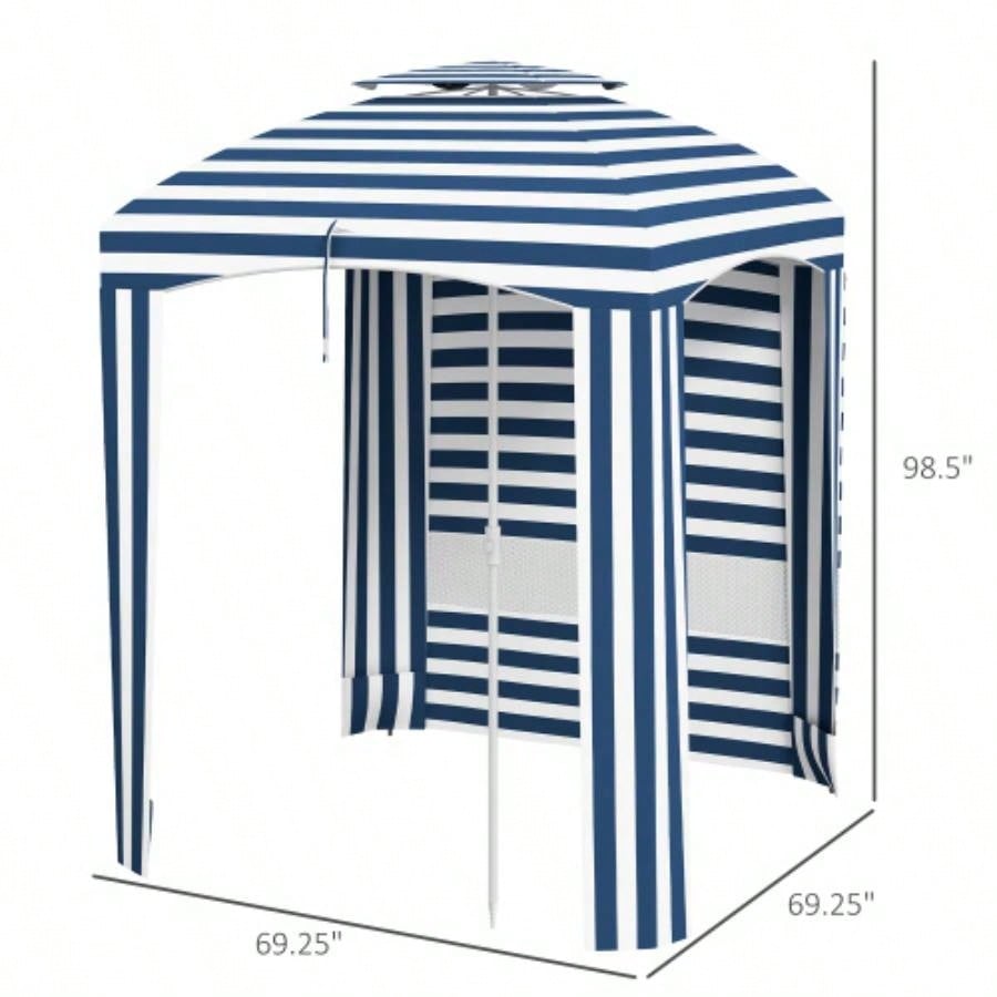 Outsunny 5.8x 5.8 Portable Beach with Double - Top, Ruffled Outdoor Cabana with Walls, Vents, Sandbags, Carry Bag, Blue White Stripe