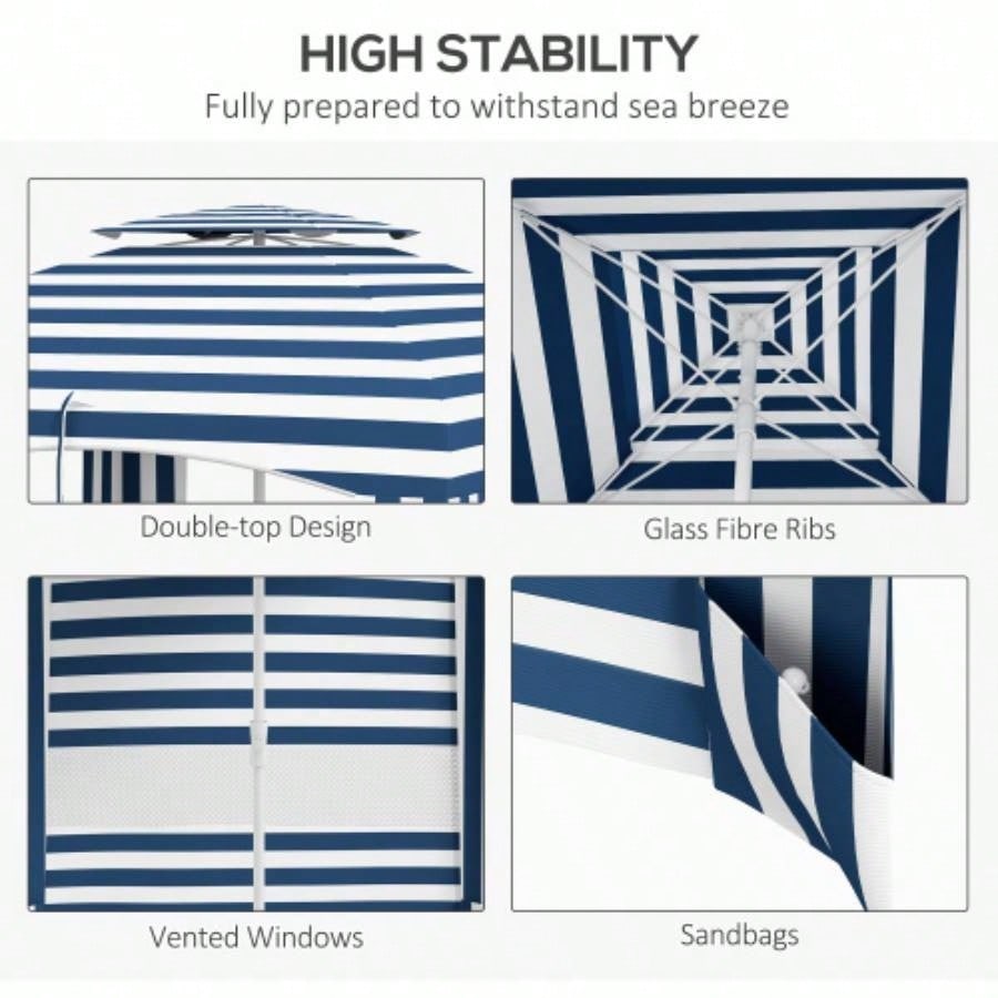 Outsunny 5.8x 5.8 Portable Beach with Double - Top, Ruffled Outdoor Cabana with Walls, Vents, Sandbags, Carry Bag, Blue White Stripe
