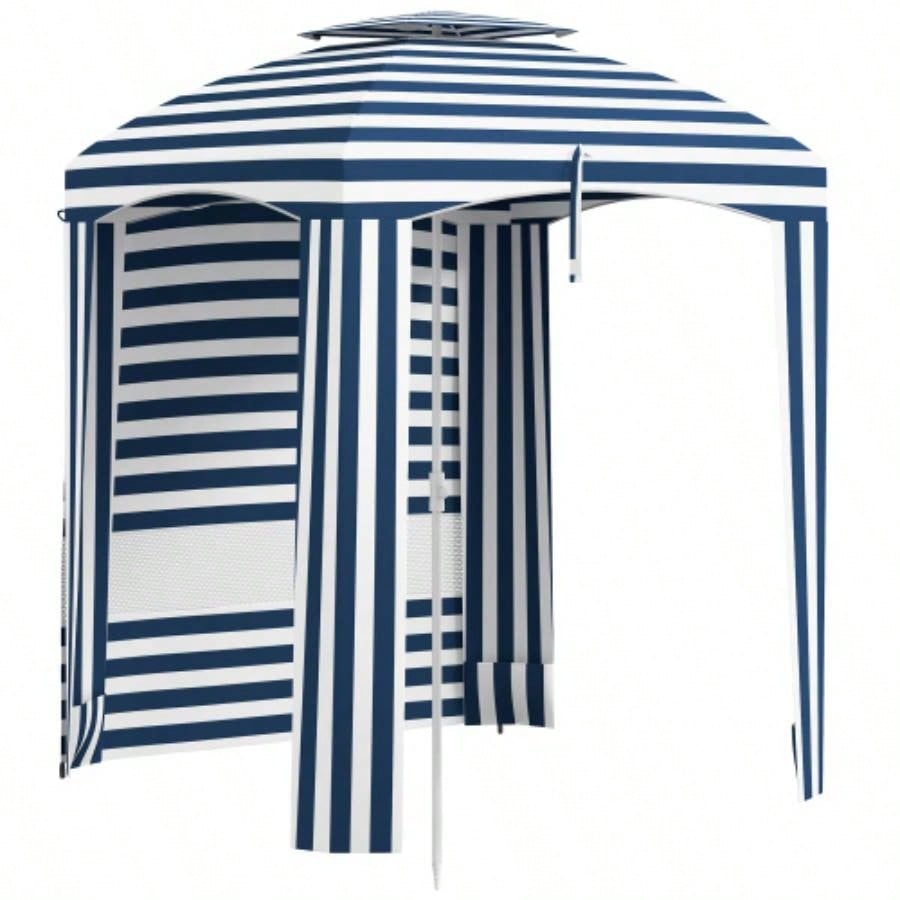 Outsunny 5.8x 5.8 Portable Beach with Double - Top, Ruffled Outdoor Cabana with Walls, Vents, Sandbags, Carry Bag, Blue White Stripe