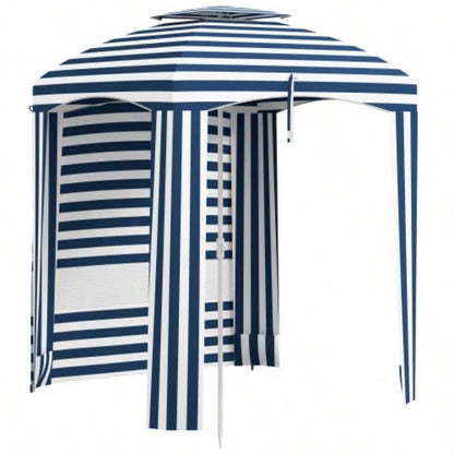 Outsunny 5.8x 5.8 Portable Beach with Double - Top, Ruffled Outdoor Cabana with Walls, Vents, Sandbags, Carry Bag, Blue White Stripe