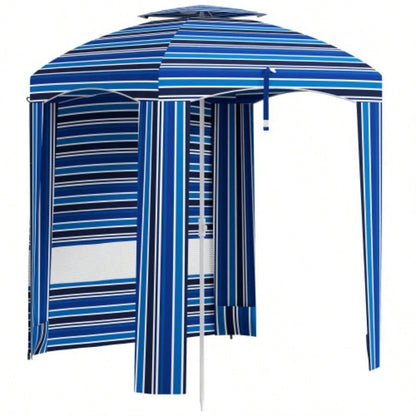 Outsunny 5.8x 5.8 Portable Beach with Double - Top, Ruffled Outdoor Cabana with Walls, Vents, Sandbags, Carry Bag, Blue Stripe