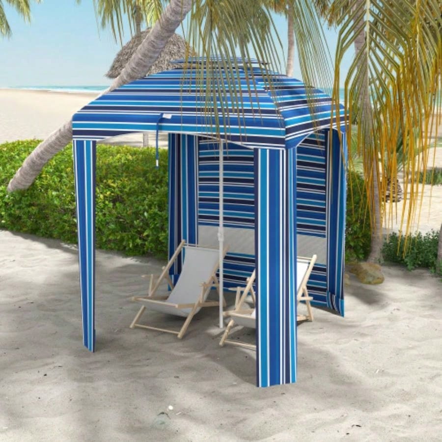 Outsunny 5.8x 5.8 Portable Beach with Double - Top, Ruffled Outdoor Cabana with Walls, Vents, Sandbags, Carry Bag, Blue Stripe