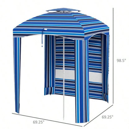 Outsunny 5.8x 5.8 Portable Beach with Double - Top, Ruffled Outdoor Cabana with Walls, Vents, Sandbags, Carry Bag, Blue Stripe