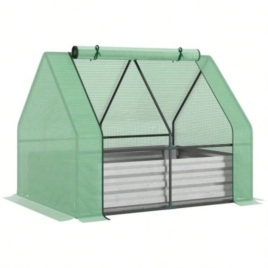Outsunny Galvanized Raised Garden Bed with Greenhouse Cover, Outdoor Metal Planter Box with 2 Roll - Up Growing Flowers, Fruits, Vegetables, and Herbs, 50x 37.5x 36.25 Green