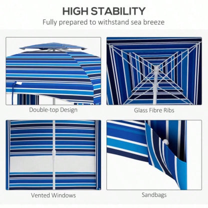 Outsunny 5.8x 5.8 Portable Beach with Double - Top, Ruffled Outdoor Cabana with Walls, Vents, Sandbags, Carry Bag, Blue Stripe