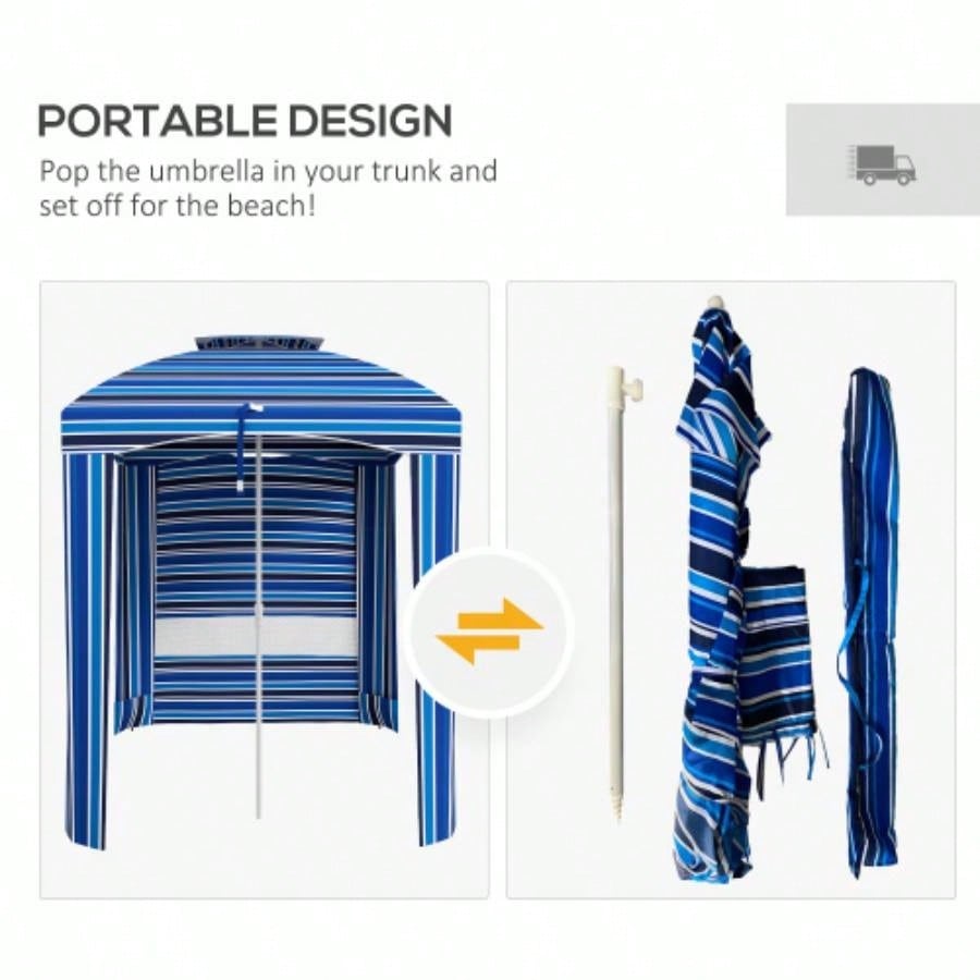 Outsunny 5.8x 5.8 Portable Beach with Double - Top, Ruffled Outdoor Cabana with Walls, Vents, Sandbags, Carry Bag, Blue Stripe