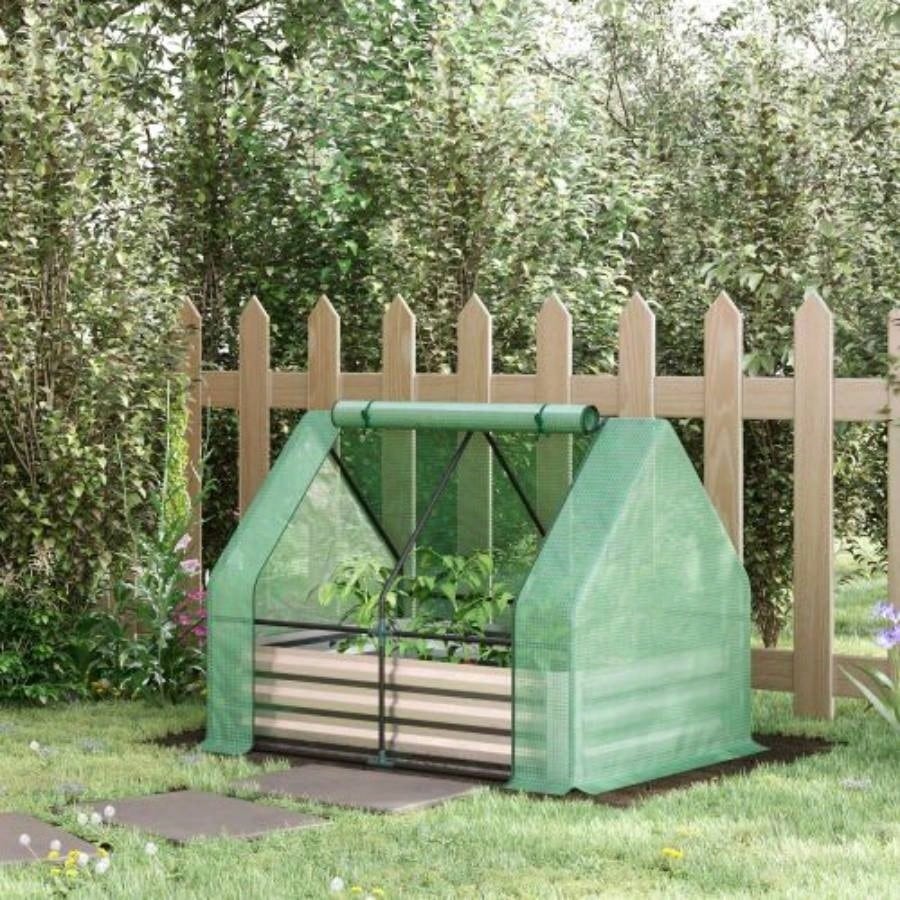 Outsunny Galvanized Raised Garden Bed with Greenhouse Cover, Outdoor Metal Planter Box with 2 Roll - Up Growing Flowers, Fruits, Vegetables, and Herbs, 50x 37.5x 36.25 Green