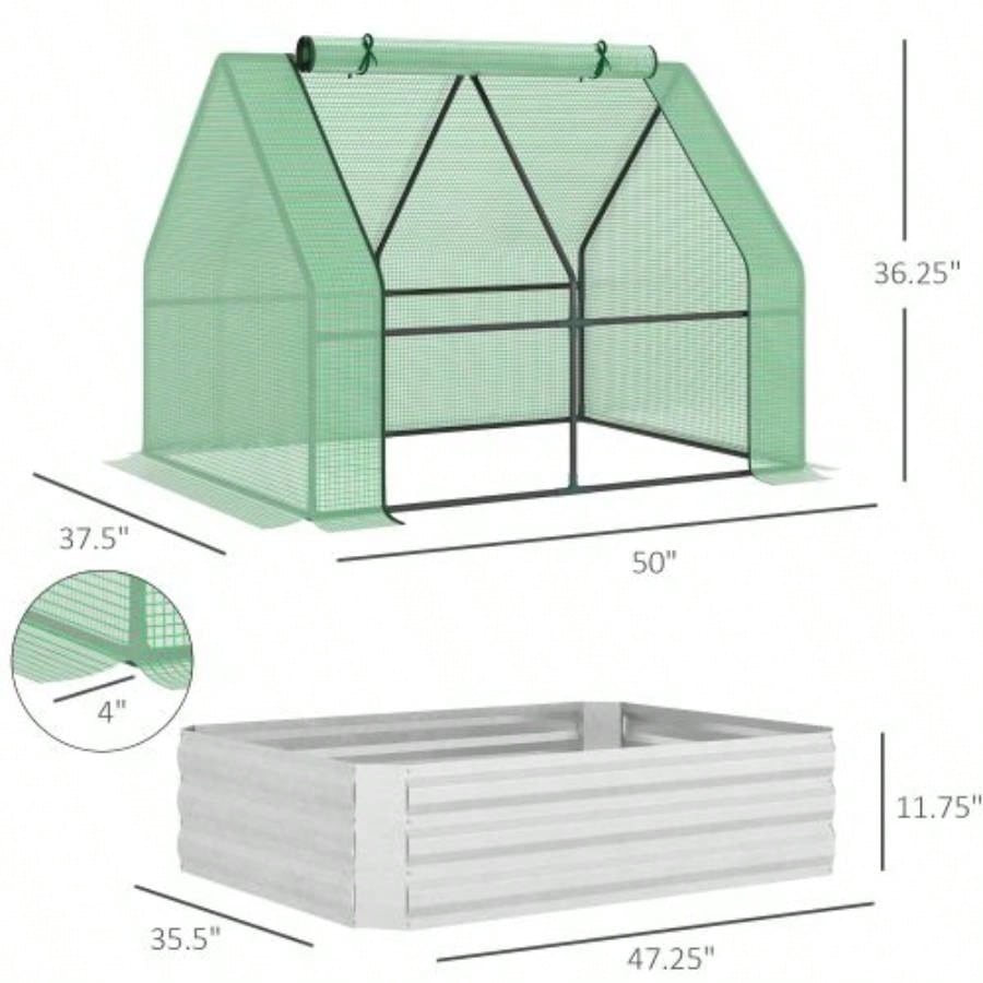 Outsunny Galvanized Raised Garden Bed with Greenhouse Cover, Outdoor Metal Planter Box with 2 Roll - Up Growing Flowers, Fruits, Vegetables, and Herbs, 50x 37.5x 36.25 Green
