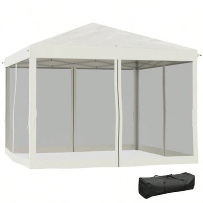 Outsunny 10x 10 Up Canopy Tent with Netting, Instant Gazebo, Ez up Screen House Room with Carry Bag, Height Adjustable, Outdoor, Garden, Patio, Beige
