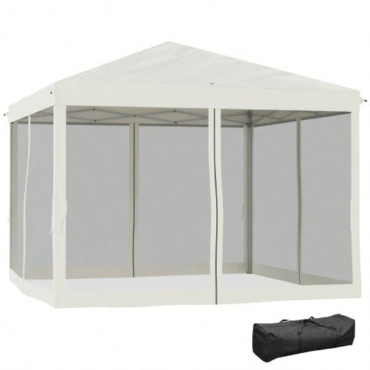 Outsunny 10x 10 Up Canopy Tent with Netting, Instant Gazebo, Ez up Screen House Room with Carry Bag, Height Adjustable, Outdoor, Garden, Patio, Beige