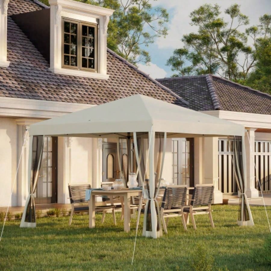 Outsunny 10x 10 Up Canopy Tent with Netting, Instant Gazebo, Ez up Screen House Room with Carry Bag, Height Adjustable, Outdoor, Garden, Patio, Beige