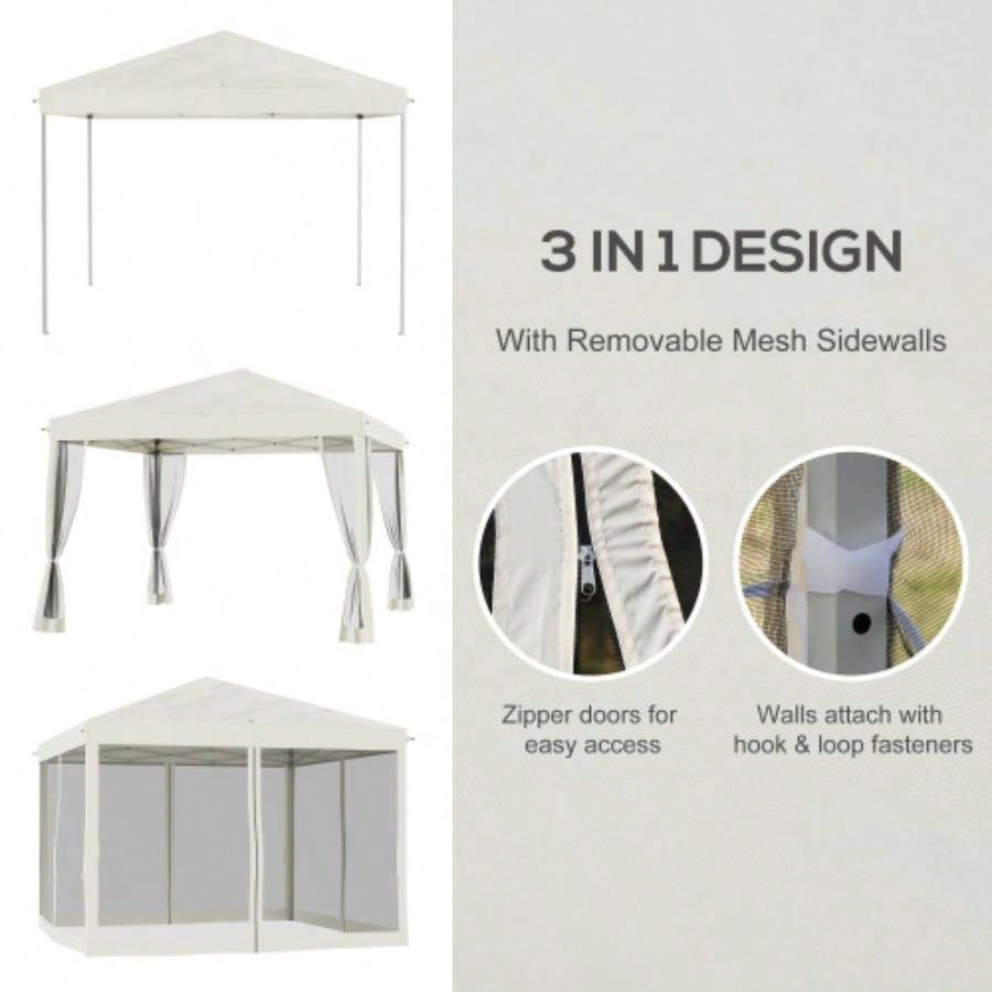 Outsunny 10x 10 Up Canopy Tent with Netting, Instant Gazebo, Ez up Screen House Room with Carry Bag, Height Adjustable, Outdoor, Garden, Patio, Beige