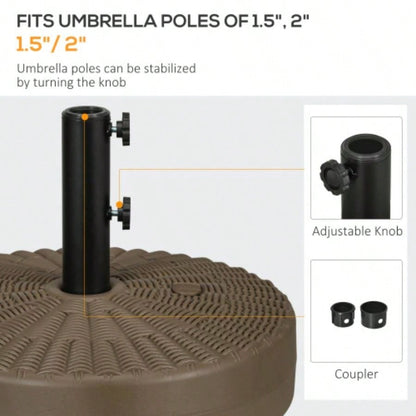 Outsunny 64 lbs. Fillable Base with Steel Holder, Round Stand 1.5 or 2 Poles, Heavy Duty Outdoor, Lawn, Deck, Poolside, Brown