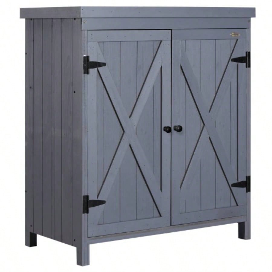 Garden Storage Cabinet, Outdoor Shed with Galvanized Top and Two Shelves Yard Tools or Pool Accessories,