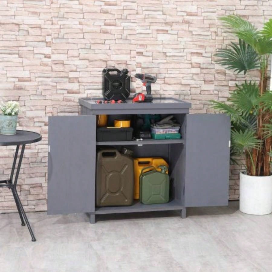 Garden Storage Cabinet, Outdoor Shed with Galvanized Top and Two Shelves Yard Tools or Pool Accessories,