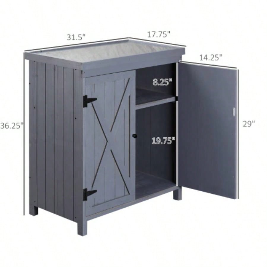 Garden Storage Cabinet, Outdoor Shed with Galvanized Top and Two Shelves Yard Tools or Pool Accessories,