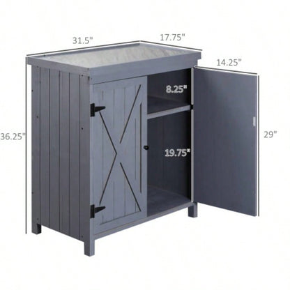 Garden Storage Cabinet, Outdoor Shed with Galvanized Top and Two Shelves Yard Tools or Pool Accessories,