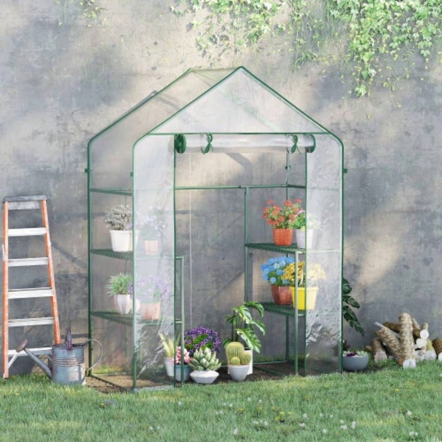 Outsunny 5x 2.5x 6.5 Walk - in Greenhouse Kit, Portable Green House with 3 Tier Shleves, Roll - Up Door, and Weatherized Plastic Cover Backyard Garden,