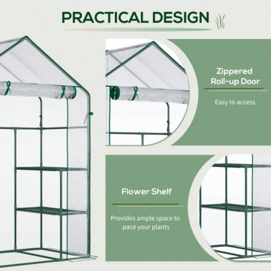 Outsunny 5x 2.5x 6.5 Walk - in Greenhouse Kit, Portable Green House with 3 Tier Shleves, Roll - Up Door, and Weatherized Plastic Cover Backyard Garden,