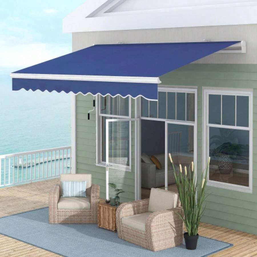Outsunny 13x 8 Retractable Awning, Patio Awnings, Sunshade Shelter/ Manual Crank Handle, - Resistant Fabric and Aluminum Frame Deck, Balcony, Yard, Dark Blue