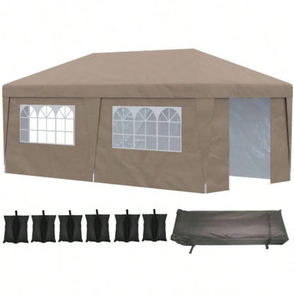 Outsunny 10x 19.5 Up Canopy Tent with Sidewalls, UPF 30+ Height Adjustable Large Party Tent Event Shelter with Leg Weight Bags and Wheeled Carry Bag Garden, Patio, Brown