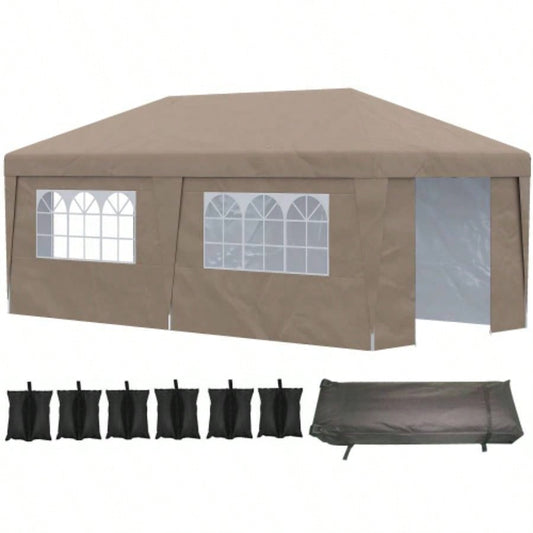 Outsunny 10x 19.5 Up Canopy Tent with Sidewalls, UPF 30+ Height Adjustable Large Party Tent Event Shelter with Leg Weight Bags and Wheeled Carry Bag Garden, Patio, Brown