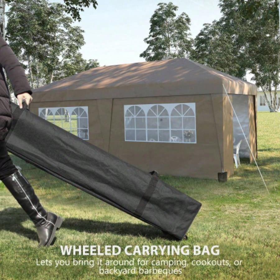 Outsunny 10x 19.5 Up Canopy Tent with Sidewalls, UPF 30+ Height Adjustable Large Party Tent Event Shelter with Leg Weight Bags and Wheeled Carry Bag Garden, Patio, Brown