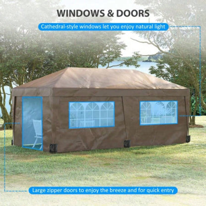 Outsunny 10x 19.5 Up Canopy Tent with Sidewalls, UPF 30+ Height Adjustable Large Party Tent Event Shelter with Leg Weight Bags and Wheeled Carry Bag Garden, Patio, Brown