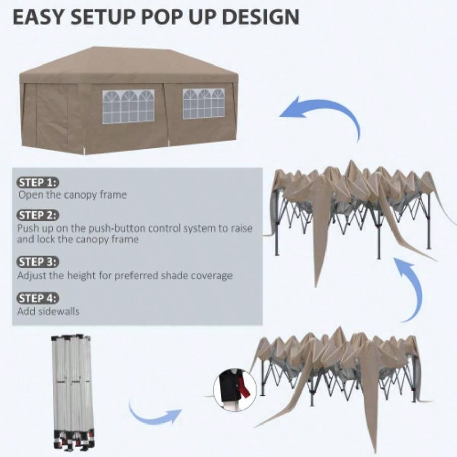 Outsunny 10x 19.5 Up Canopy Tent with Sidewalls, UPF 30+ Height Adjustable Large Party Tent Event Shelter with Leg Weight Bags and Wheeled Carry Bag Garden, Patio, Brown