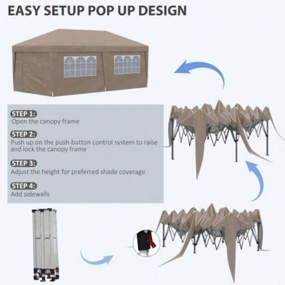 Outsunny 10x 19.5 Up Canopy Tent with Sidewalls, UPF 30+ Height Adjustable Large Party Tent Event Shelter with Leg Weight Bags and Wheeled Carry Bag Garden, Patio, Brown