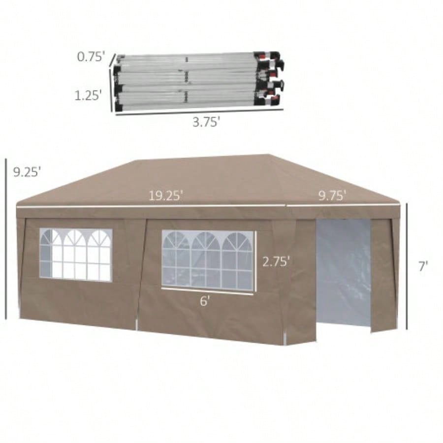 Outsunny 10x 19.5 Up Canopy Tent with Sidewalls, UPF 30+ Height Adjustable Large Party Tent Event Shelter with Leg Weight Bags and Wheeled Carry Bag Garden, Patio, Brown