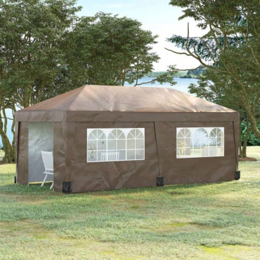 Outsunny 10x 19.5 Up Canopy Tent with Sidewalls, UPF 30+ Height Adjustable Large Party Tent Event Shelter with Leg Weight Bags and Wheeled Carry Bag Garden, Patio, Brown