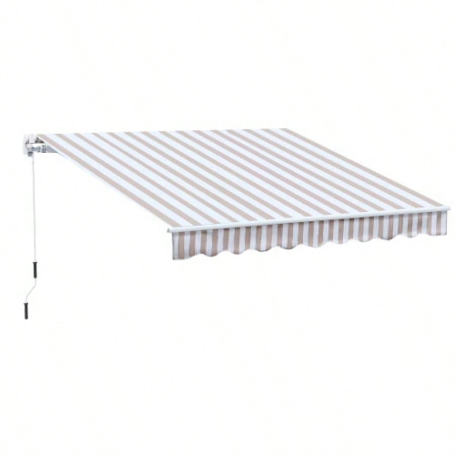 Outsunny 10x 8 Retractable Awning, Patio Awnings, Sunshade Shelter/ Manual Crank Handle, - Resistant Fabric and Aluminum Frame Deck, Balcony, Yard, Beige Stripes